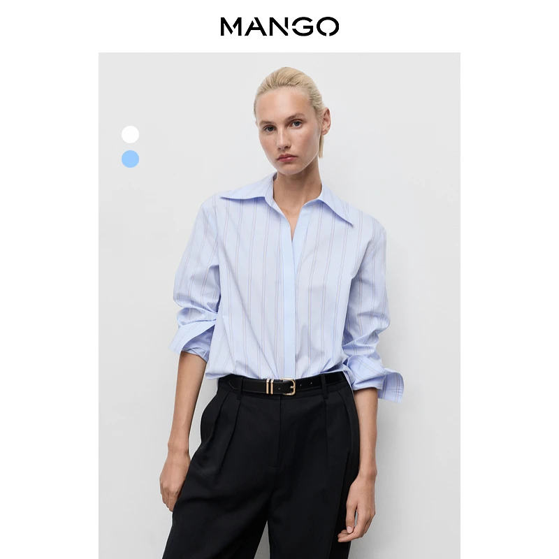 MANGO女装衬衫2025秋装新款直筒翻领通勤内搭舒适透气条纹衬衫