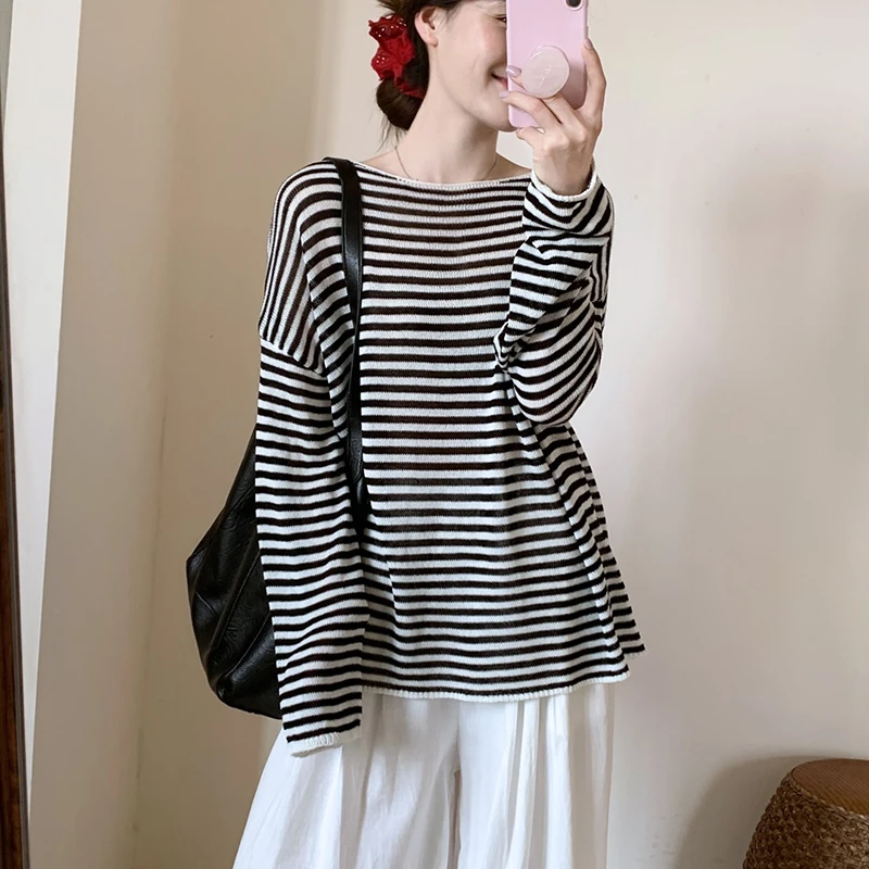 法式经典复古条纹针织衫2025夏季新款宽松显瘦防晒罩衫休闲上衣女