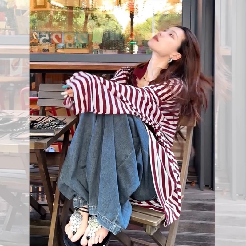 美式Polo领红色条纹长袖t恤女秋季松弛感上衣慵懒风宽松防晒罩衫