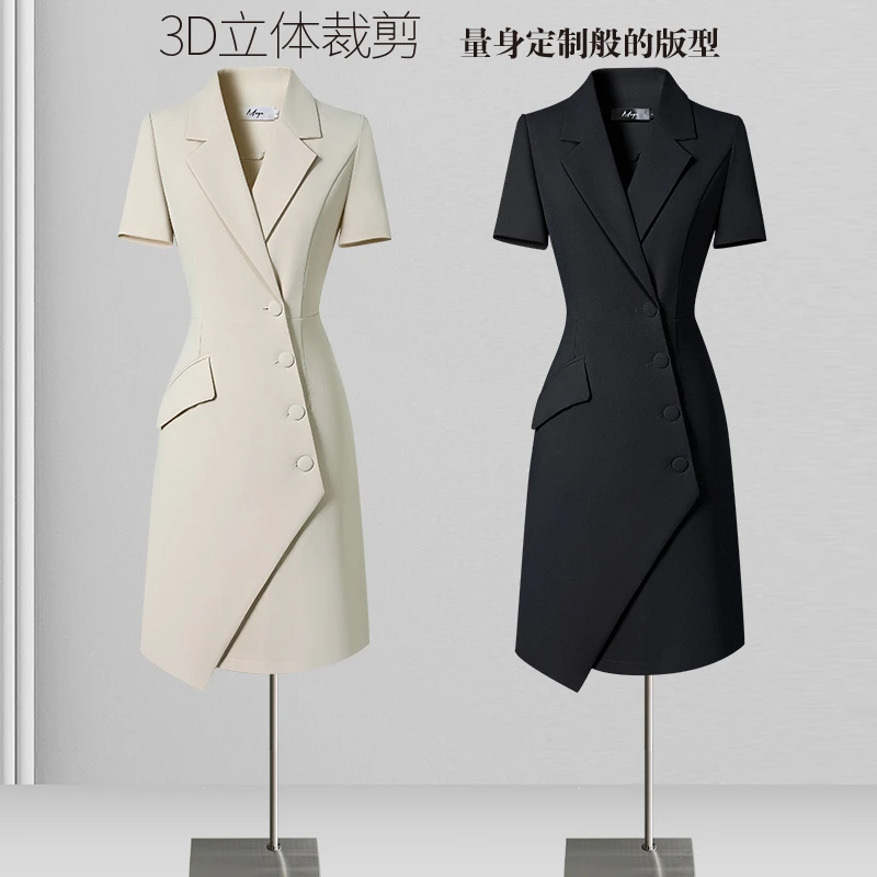 西装领通勤短袖夏季西装连衣裙连衣裙气质白色排扣轻奢名媛