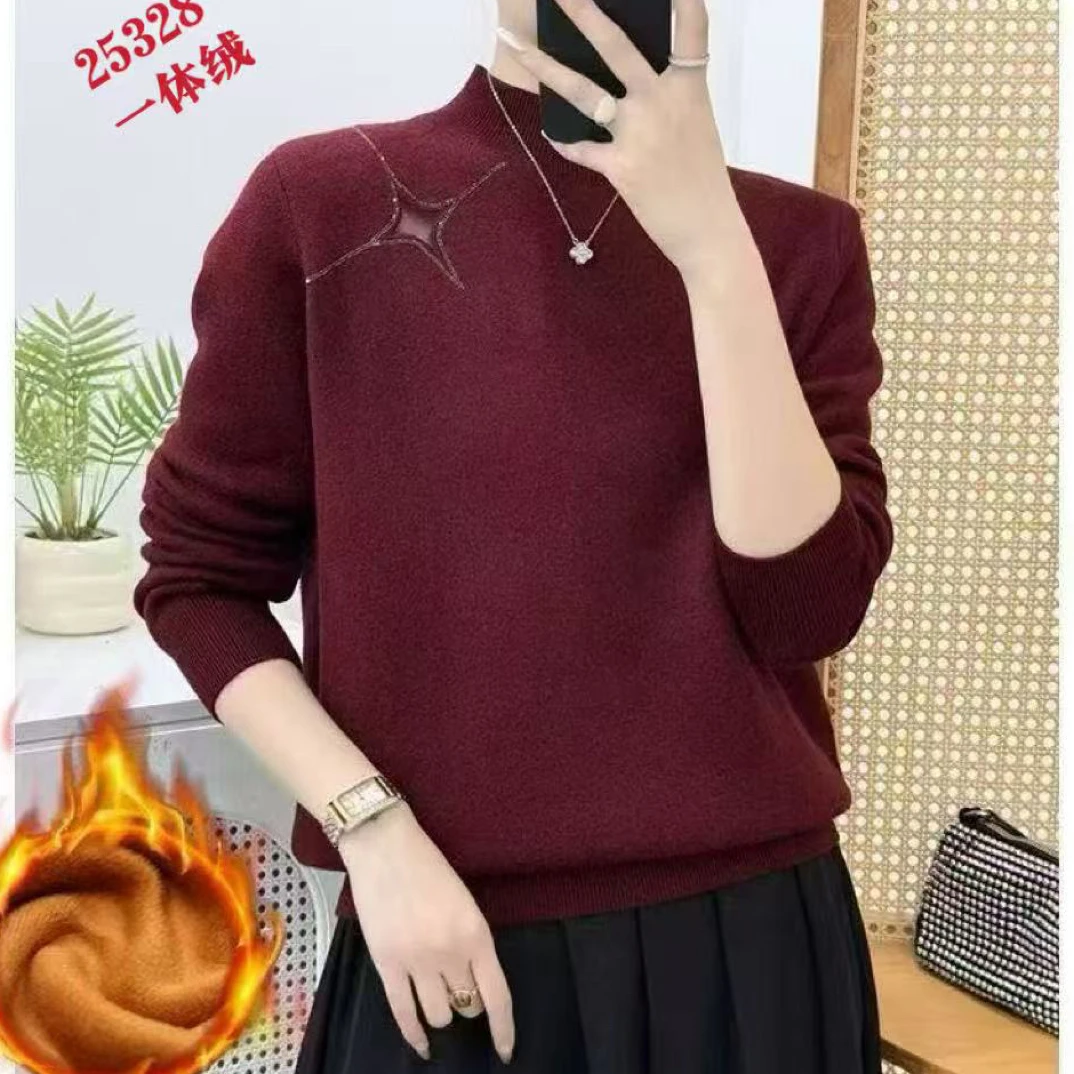 镂空网纱半高领针织衫女秋冬软糯纯色减龄百搭时尚打底上衣福利