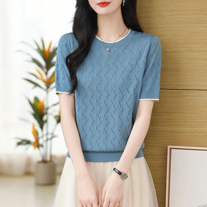 【厂家直供】圆领天丝短袖T恤女夏季薄款宽松显瘦减龄针织上衣潮