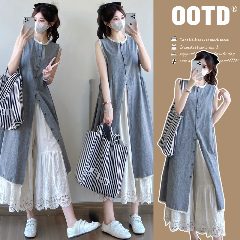 孕妇夏装纯色森系叠穿套装淑女大码孕妇衬衣大码女装孕妇连衣裙子