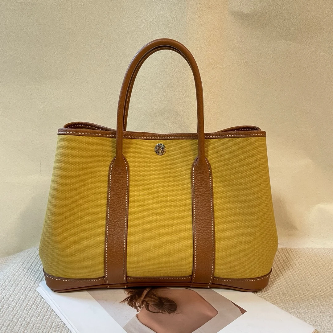 95新 Hermes/爱马仕 棕拼姜黄色garden party30手提包 帆布Z刻
