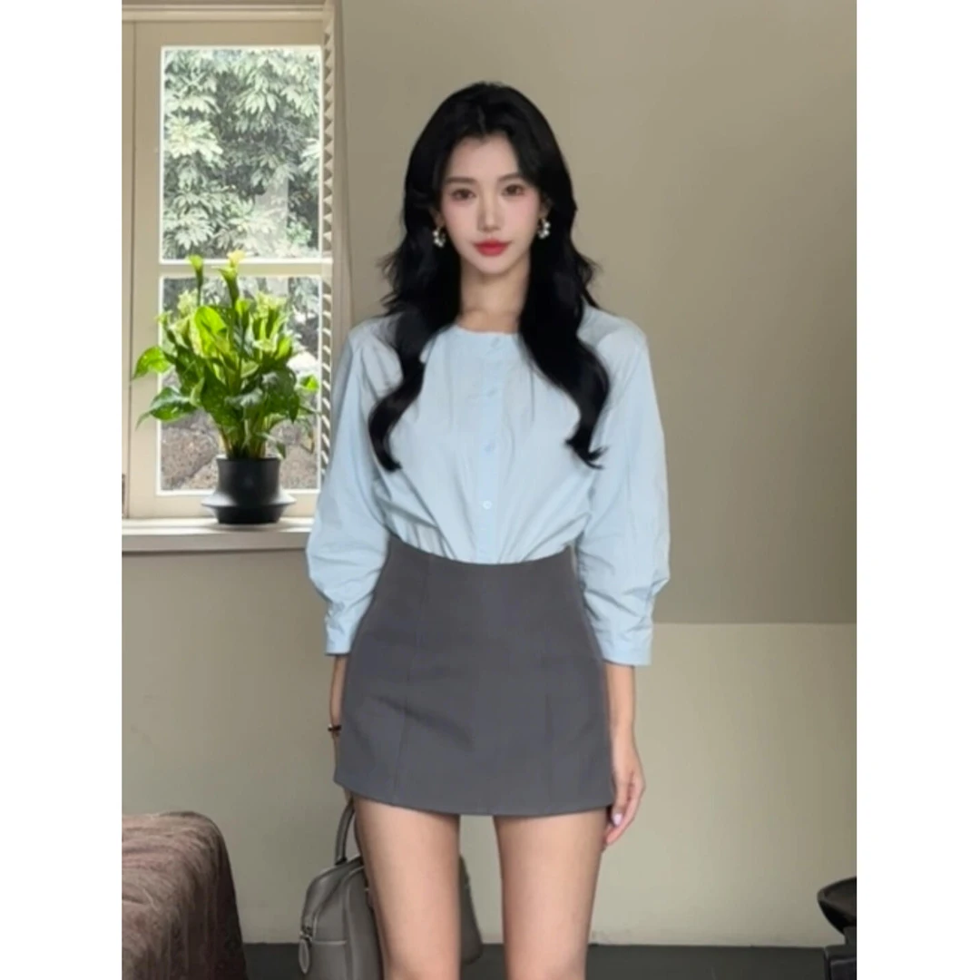 贵气千金通勤两件套装女早春款新款清爽蓝色衬衫纯欲风灰色半身裙