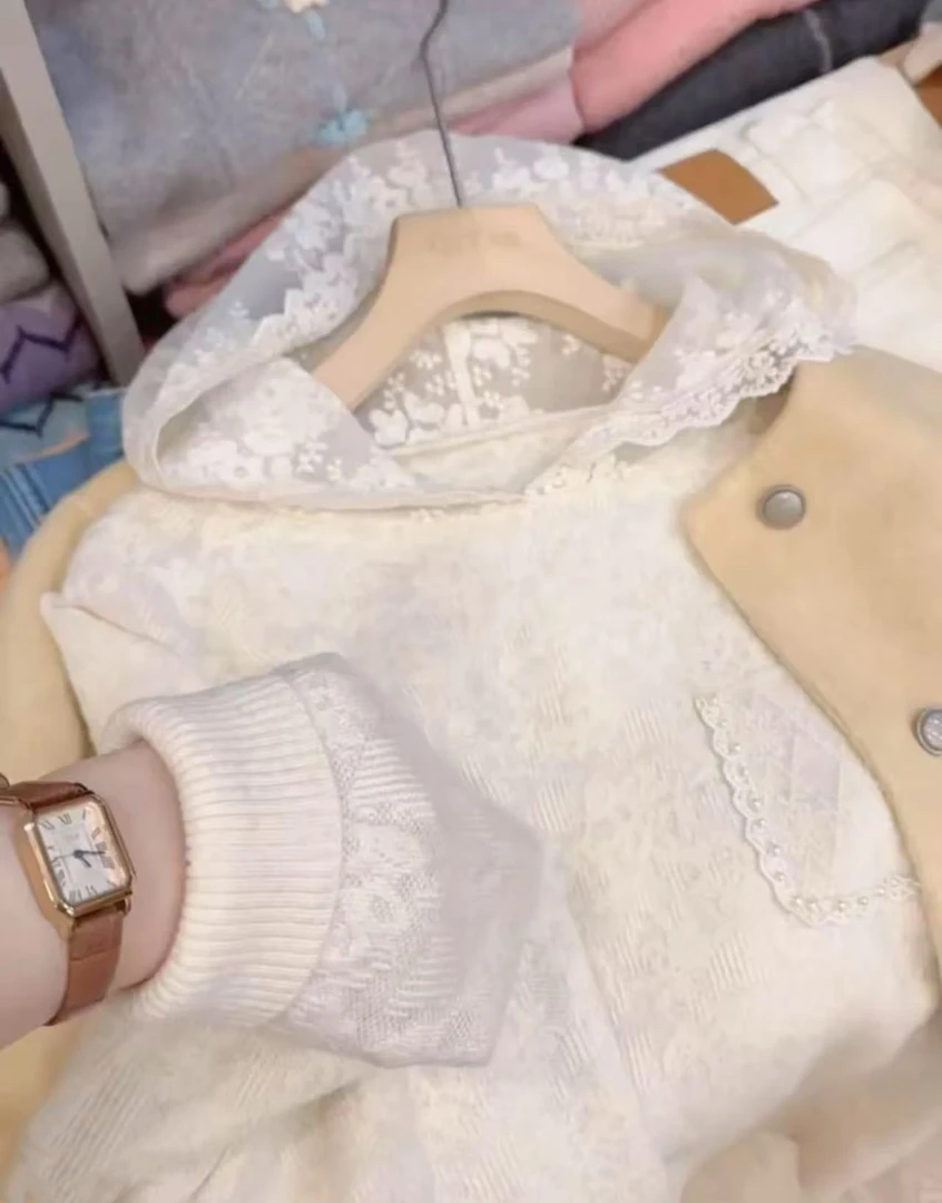 2025年早春新款高货！~奶米钉珠假口袋重工针织帽衫外穿上衣