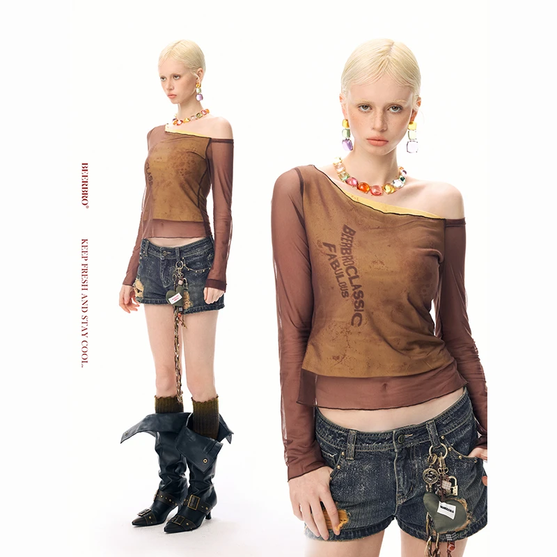 『反叛Y2K』蛇纹晕染印花假两件斜肩网纱长袖T恤 BZ25CLM1129-1LT