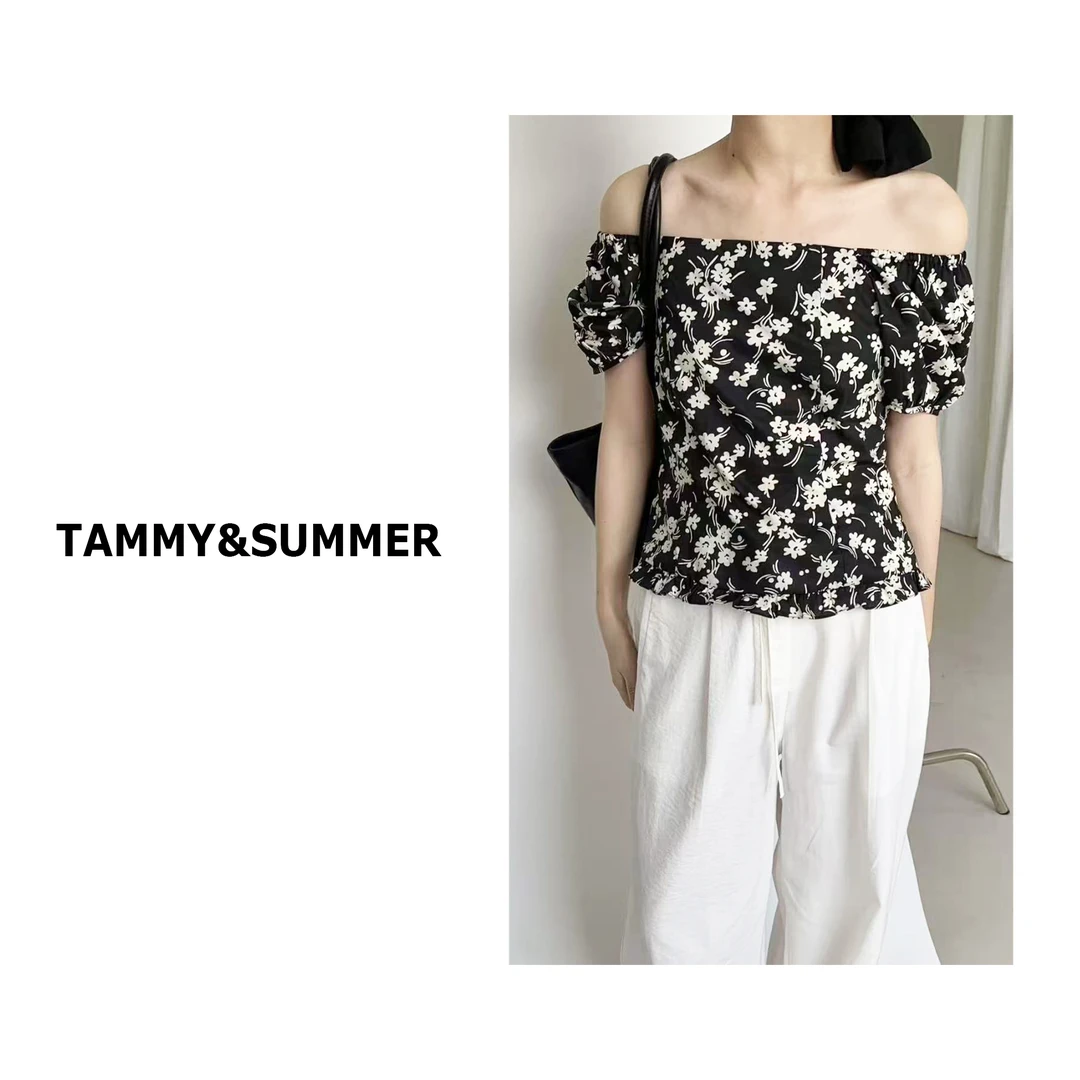 【Tammy&Summer】韩系百搭碎花一字肩短袖衬衫小短款气质上衣254991