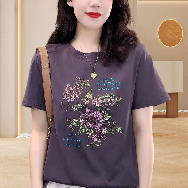重工花朵烫钻纯棉圆领t恤女款上衣夏季新款时尚休闲轻熟风短袖ins