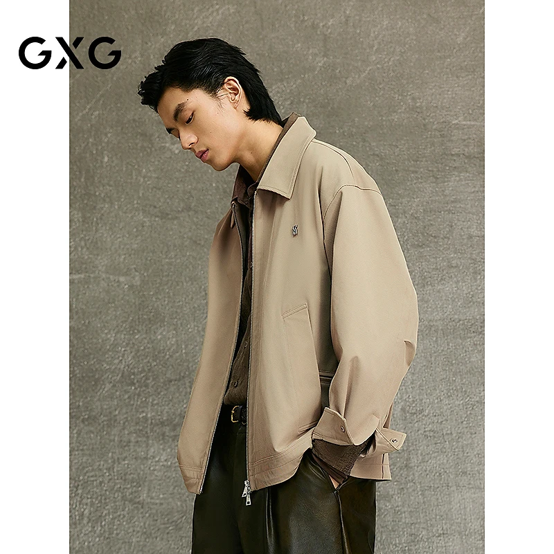 GXG男装复古棕色经典时尚做旧提花翻领夹克25春秋新品#G25X211025