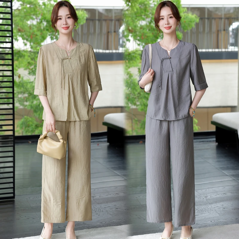 妈妈夏装短袖套装新中式洋气上衣中老年女装时尚休闲阔腿裤两件套