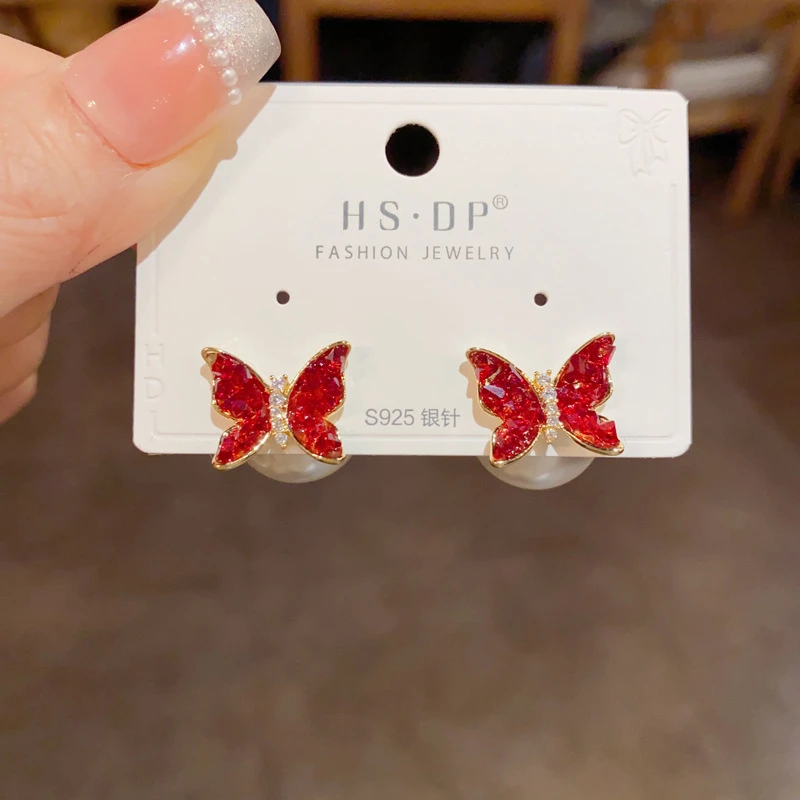 铜合金锆石耳饰 秋冬新款气质时尚简约红色蝴蝶两戴珠珠耳钉