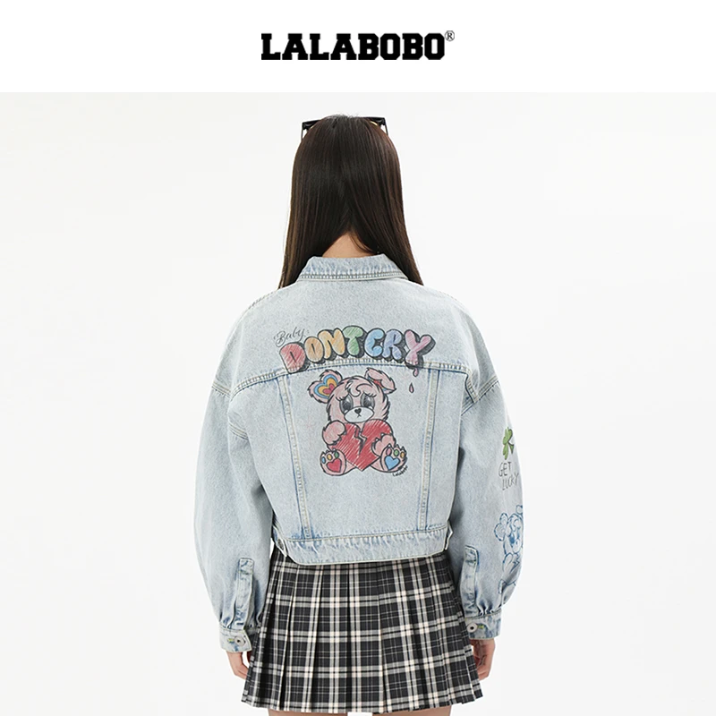 武汉LALABOBO2025蛇年新款短款宽松小熊印花牛仔外套LBEA-WSJW16
