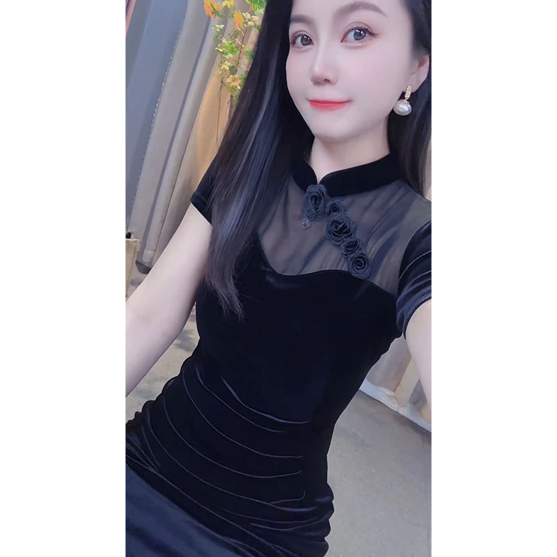 宏依莲玫瑰扣薄款日常中国风高开衩旗袍小众时尚修身气质复古