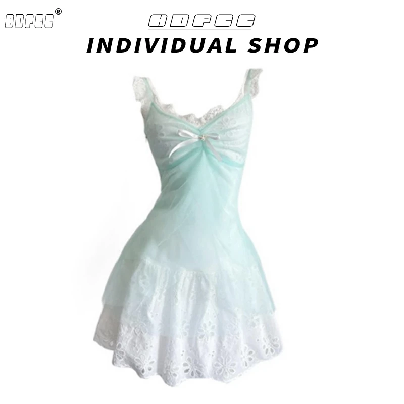 美式辣妹纯欲风套装女蕾丝吊带连衣裙女装蝴蝶结蓝色罩衫两件套装