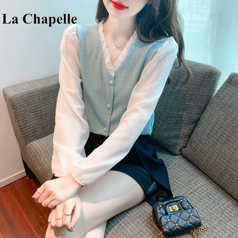 拉夏贝尔高级感v领长袖雪纺衬衫女秋装2025减龄百搭上衣洋气小衫