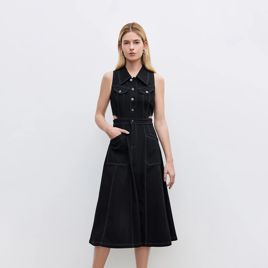 ONLY2025春季新款露腰牛仔中长裙复古尖领牛仔连衣裙|125142027