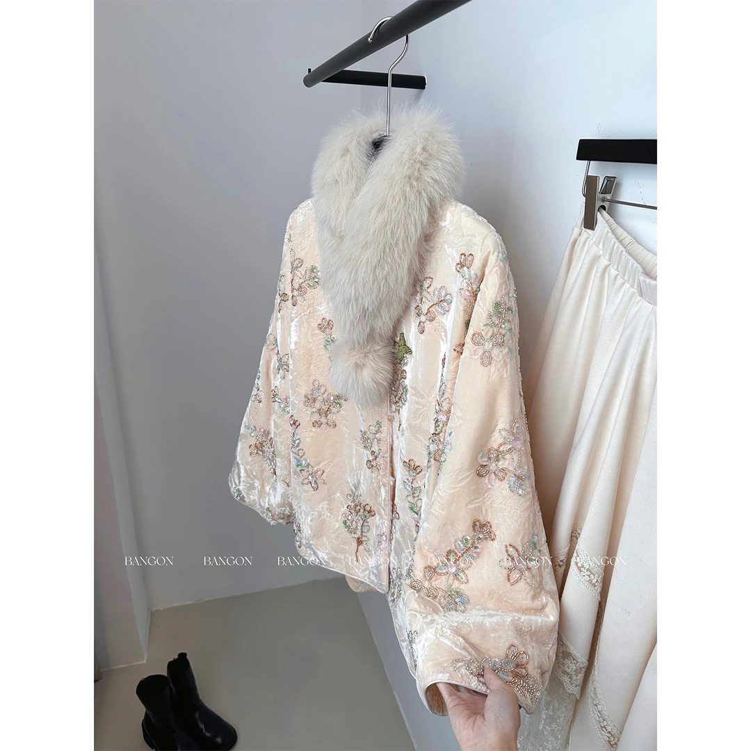 BANGON 新中式国风夹棉外套重工钉珠刺绣高级感2025围脖毛领棉服