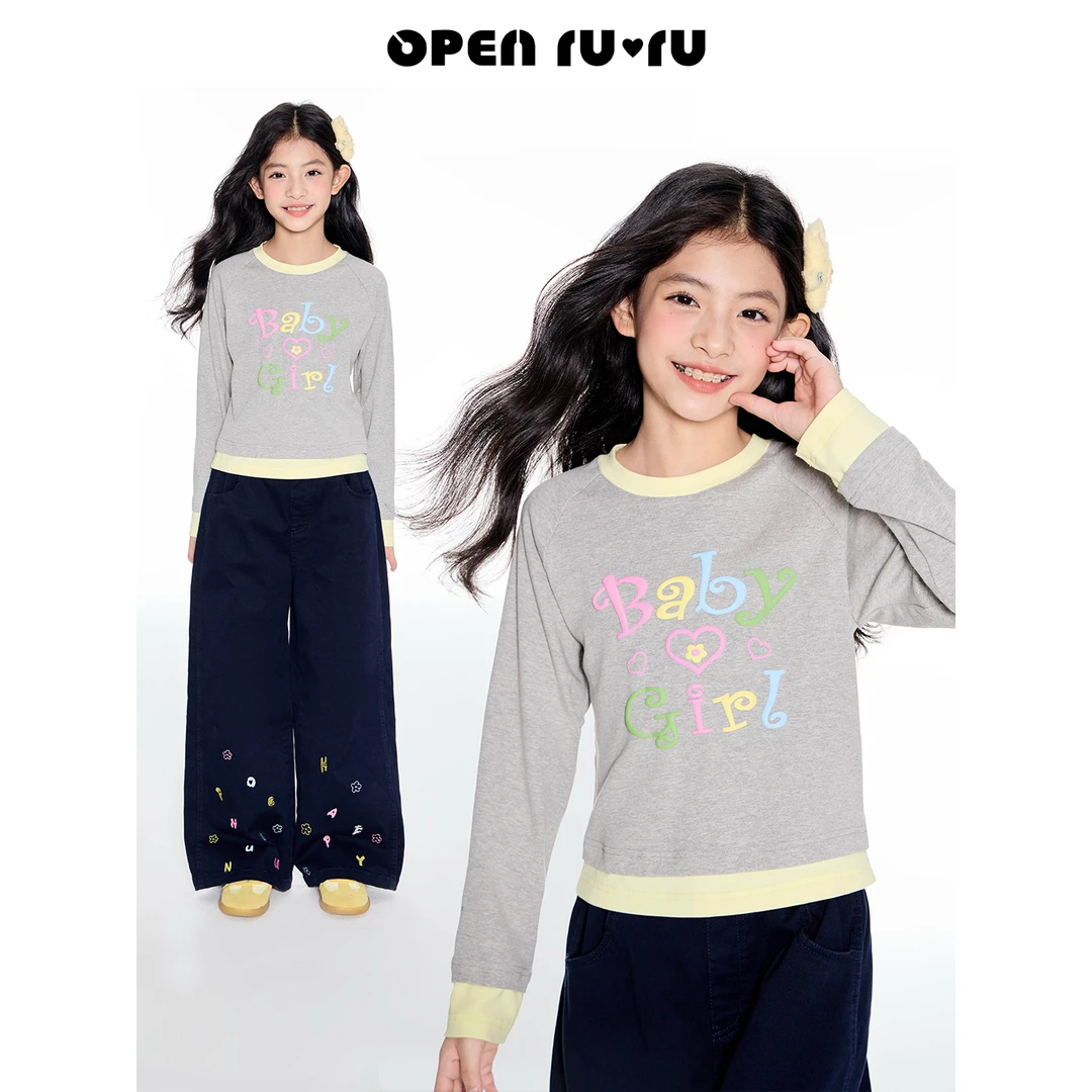 Opennunu女童彩色字母印花T恤秋季中大童设计感休闲长袖短款上衣