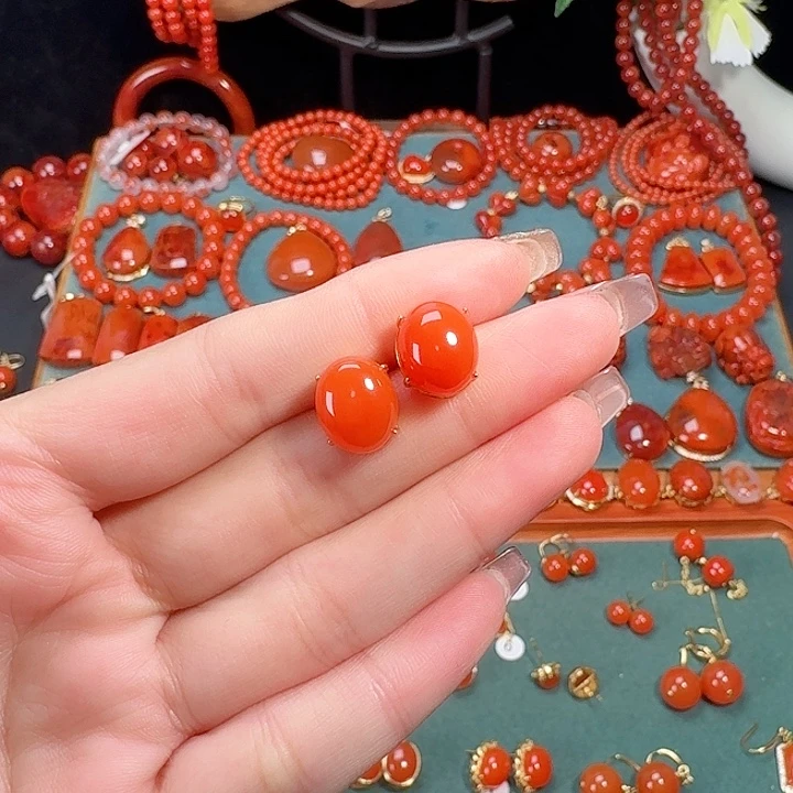 南红玛瑙银S925镶嵌顶货12耳饰