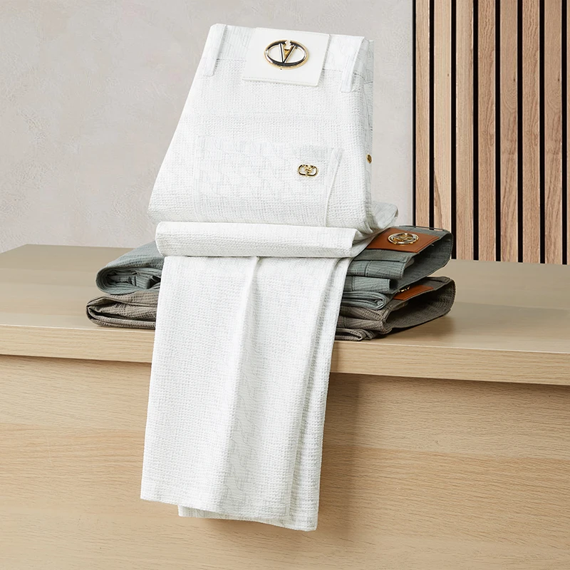 夏季白色裤子商务休闲裤弹力透气薄款轻奢提花纯色男士直筒长裤子