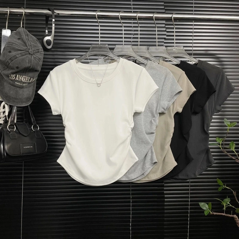 夏季圆领V领设计感褶皱收腰百搭显瘦短袖正肩气质纯色打底t恤女
