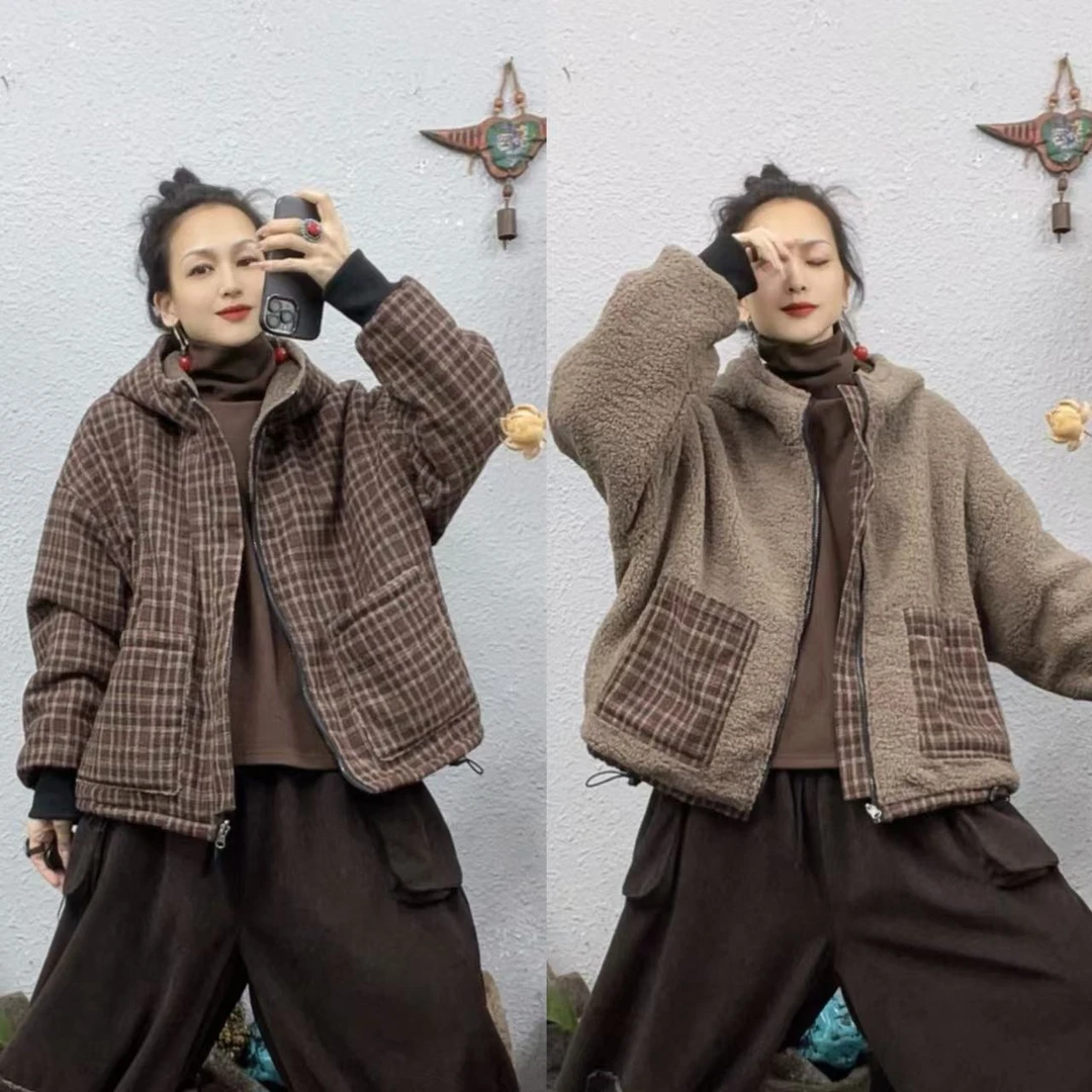 240080加绒格纹呢料里外两穿带帽外套（长60胸围134