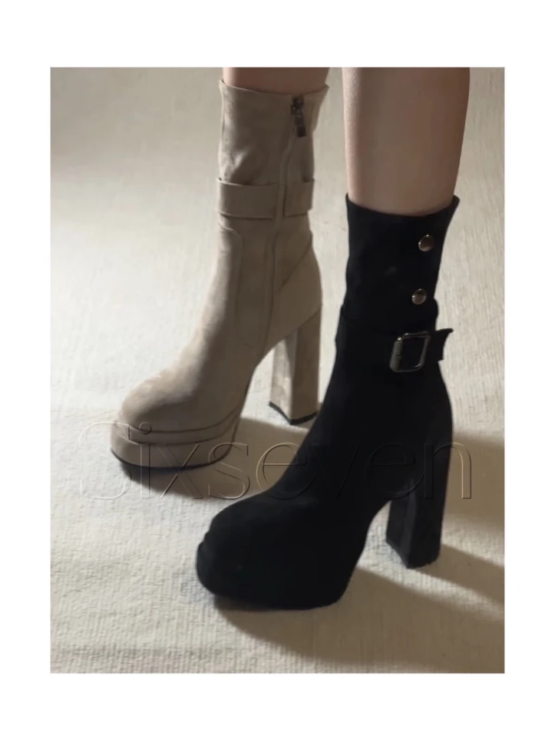 靴子女2025年新款超火防水台高跟短靴百搭粗跟方头秋冬法式瘦瘦靴