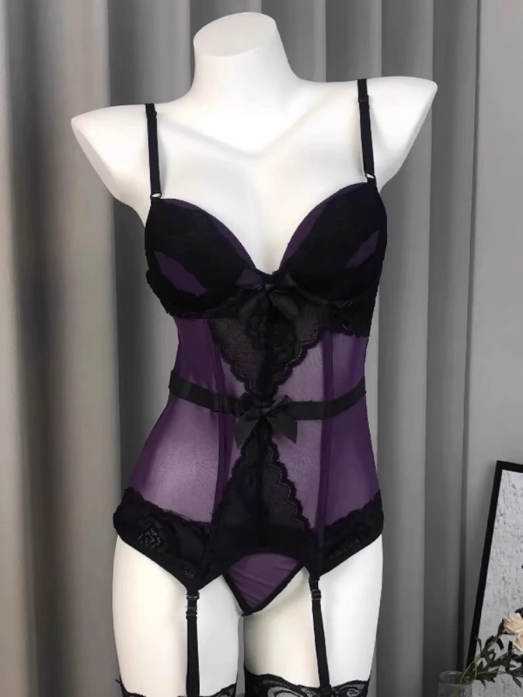 性感娇妻*紫色韵味蕾丝鱼骨收腰显瘦内搭御姐马甲连体衣女