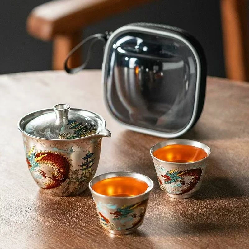 友名 瓷胎包银瓷胎包银龙凤呈祥手抓旅行茶具户外快客杯-5505