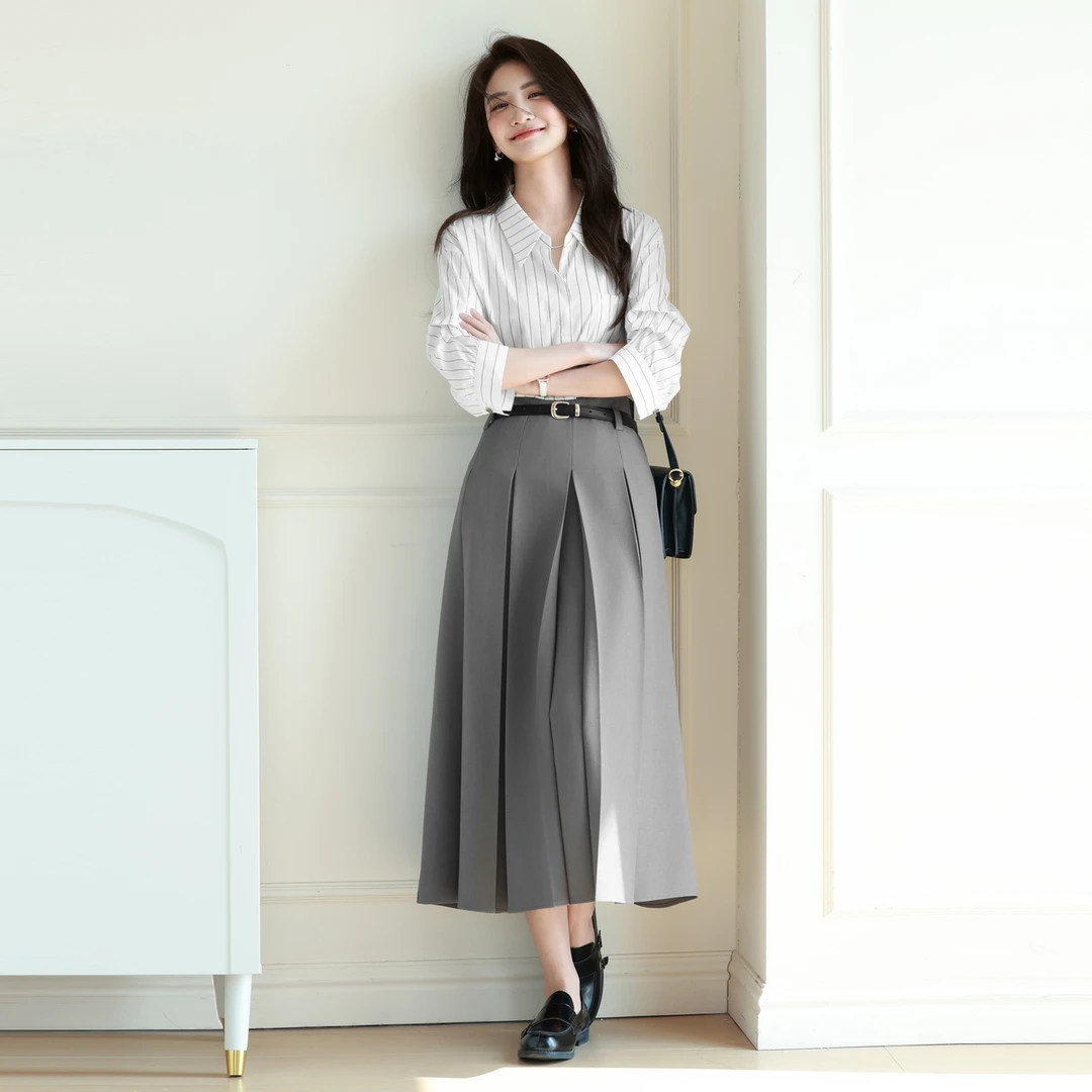 伊芙丽学院风复古百搭显瘦设计感前后不对称压褶裙子春欧若风
