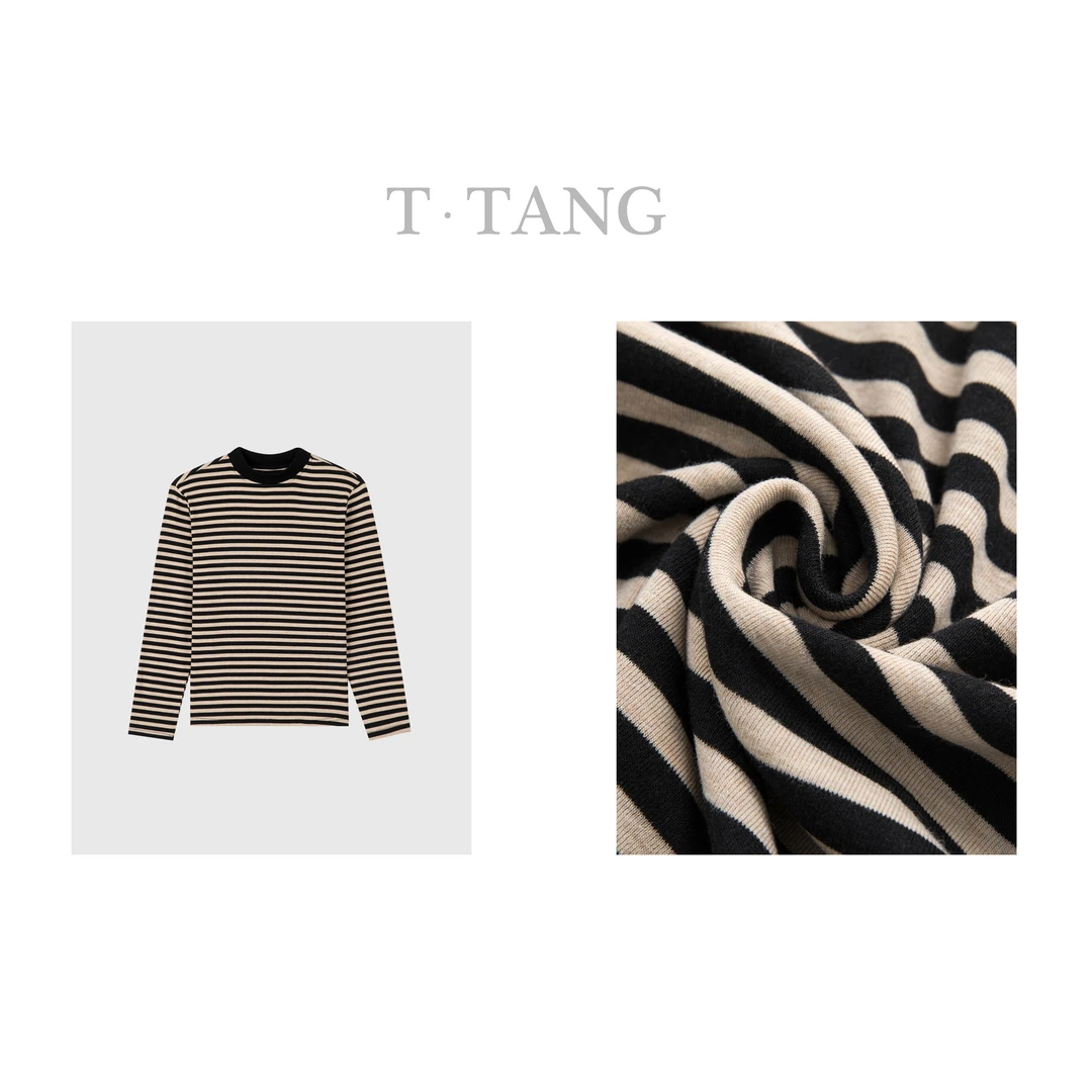 秋冬季200g色织罗纹棉时尚百搭宽松条纹长袖针织衫【6597】