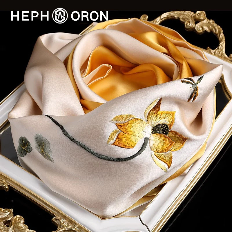 高端苏绣丝巾礼盒送妈妈黄色手工刺绣薄款披肩桑蚕丝长条真丝围巾