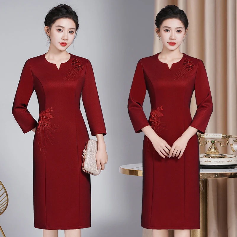 2025新款中老年秋冬装喜婆婆喜妈妈连衣裙结婚裙子婚宴礼服长袖