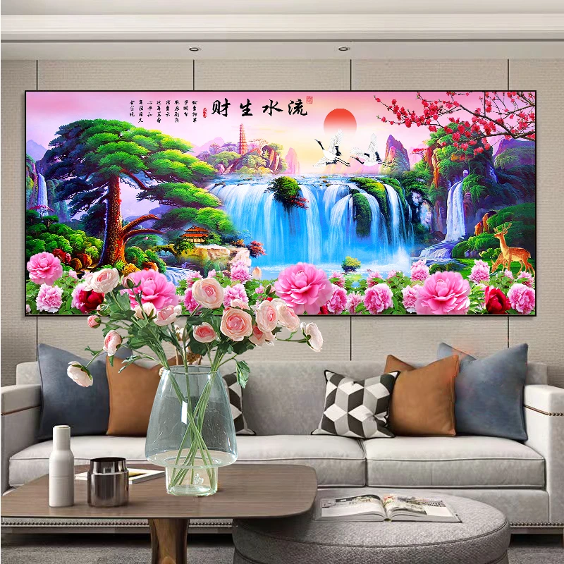 新款满绣十字绣山水风景画流水生财客厅办公室现代中式手工线绣