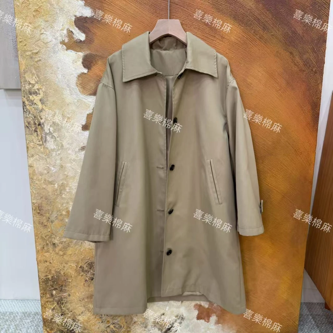喜樂  2025纯棉翻领中长款纯色风衣外套秋季新款经典基础百搭女士