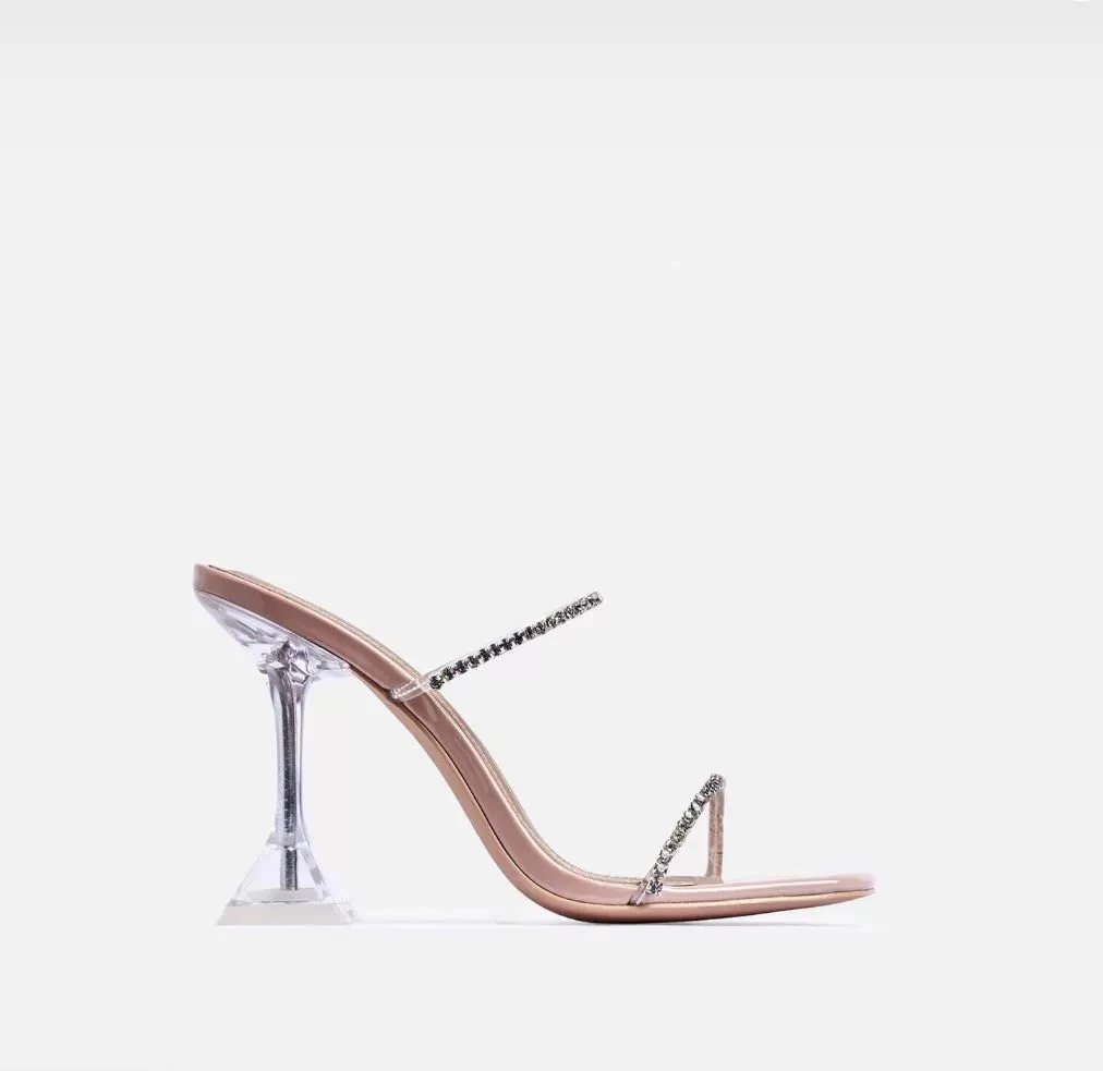 JDYS.W 透明水钻酒杯跟 8cm 方头细带一字带高跟凉鞋