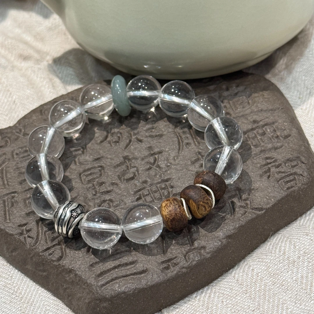 925银仿水晶手链 S09660 苍山负雪 木质隔片平安扣花纹珠圆珠手串