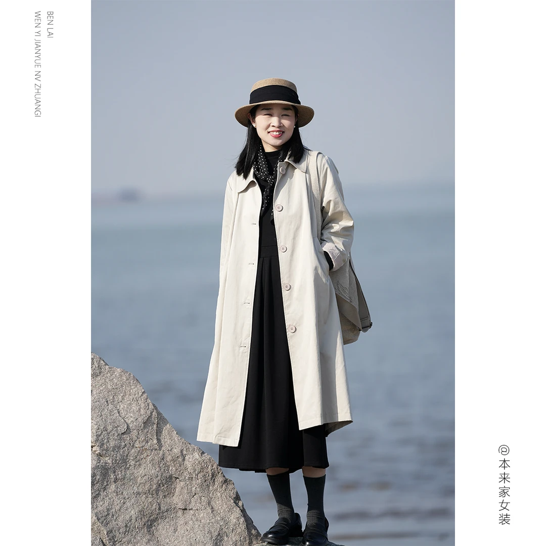 【本利来】简约休闲翻领长款风衣外套女春季新款百搭气质上衣6023