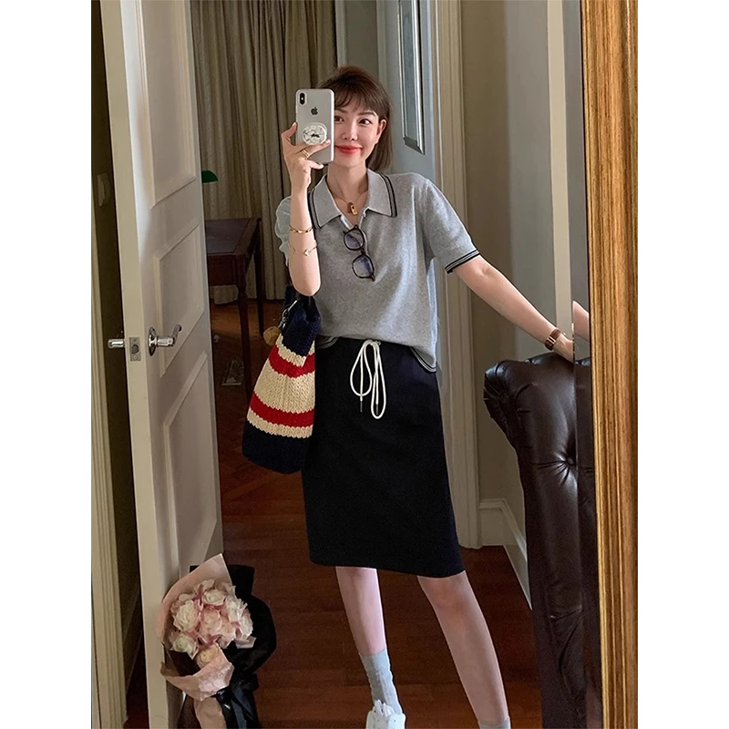 夏季复古撞色Polo领短袖针织T恤女时尚洋气收腰显瘦正肩冰丝上衣
