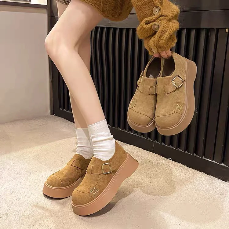 新疆（5厘米）2025春季复古增高厚底单鞋女款一脚蹬全包勃肯鞋975-7