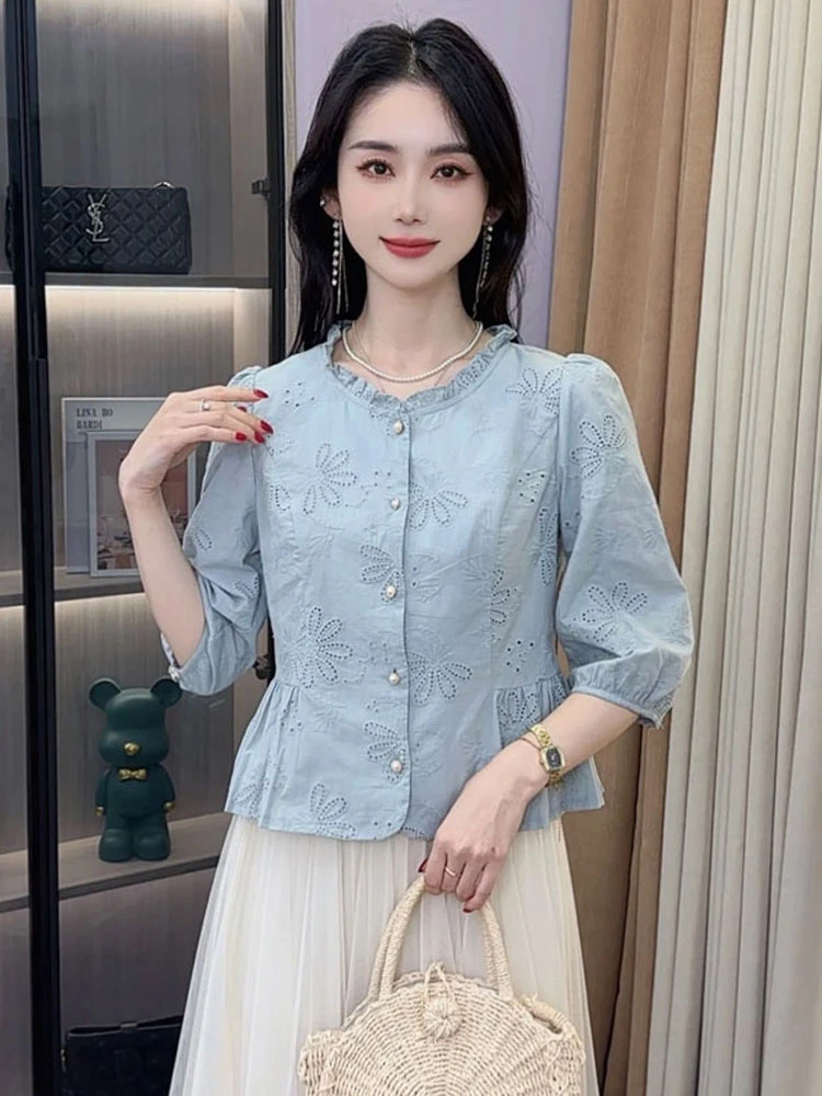 衬衫女2025早秋新款气质洋气法式爆款圆领短款减龄时尚七分袖上衣