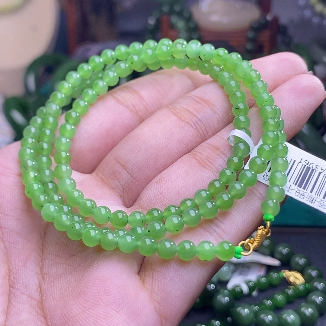 和田玉老矿料碧玉果绿乌兰海米链4.5mm未镶嵌