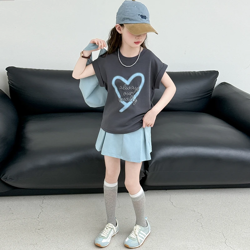 女童爱心印花短袖T恤百褶裙套装夏季新款儿童洋气百搭短裙两件套