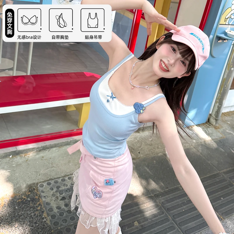 森女部落甜美风蓝白拼色休闲百搭修身吊带2025夏季穿搭外穿背心女