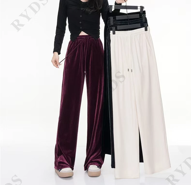 ZM高腰显瘦丝绒长裤松紧系绳直筒休闲裤气质百搭