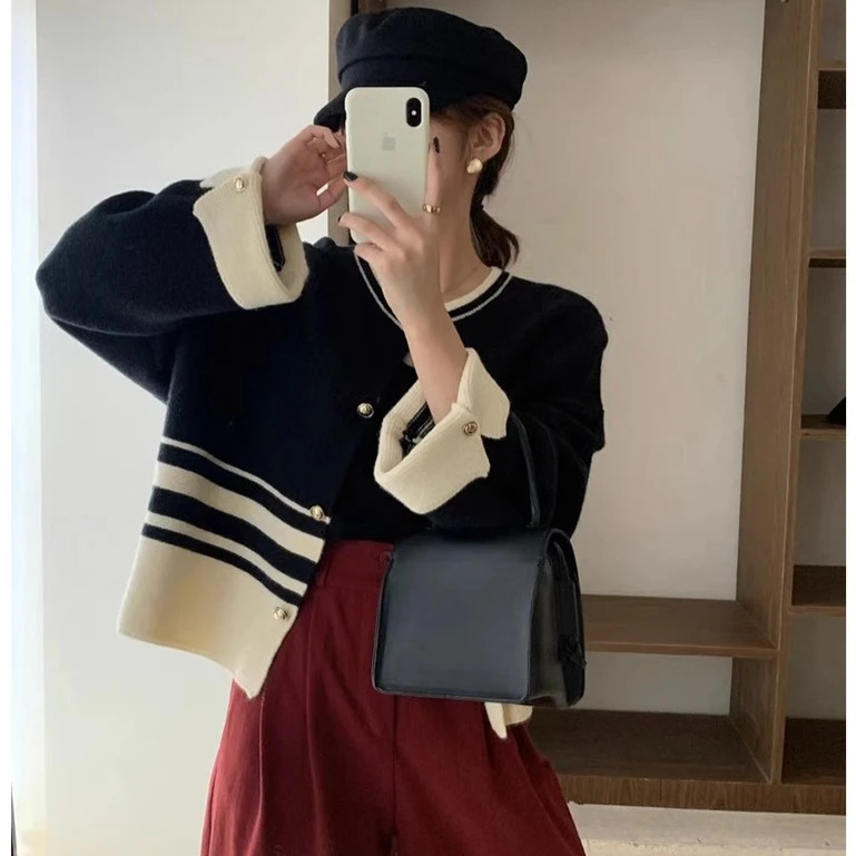 小香风黑色针织开衫女秋季2025年新款慵懒风外搭毛衣外套春秋上衣