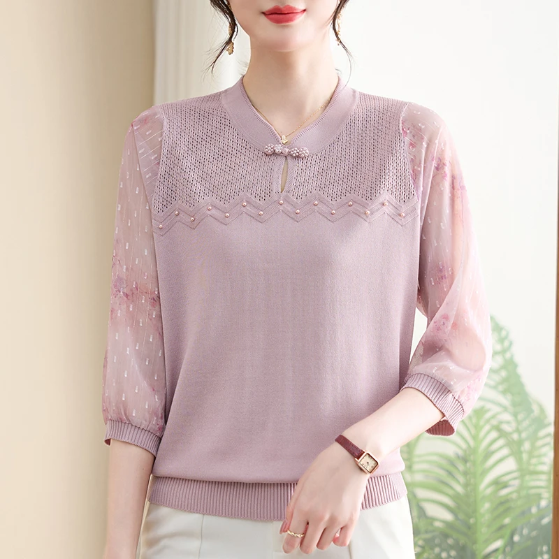 妈妈春季洋气国风薄款小衫春夏冰丝T恤针织纱袖女装打底2526