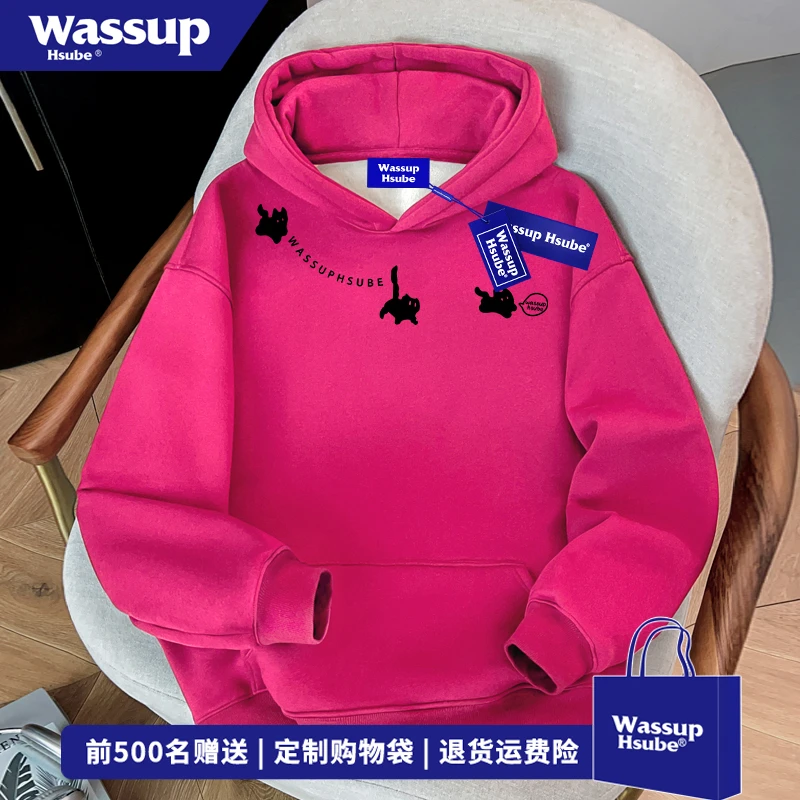 WASSUP HSUBE美式ins趣味卡通小猫连帽卫衣男女秋冬火龙果色上衣