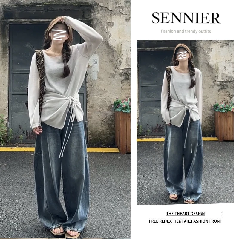 今年流行穿搭女装2025早秋新款小众设计绑带长袖阔腿牛仔裤两件套